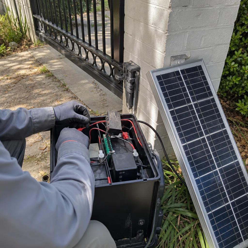 Technician repairing solar powered gate access control system electronics nationwide