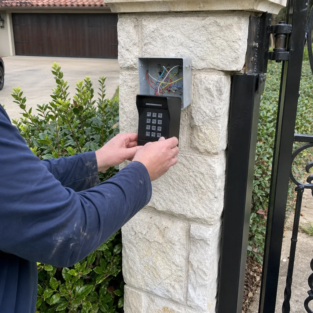 technician installing gate access control keypad system on stone pillar nationwide
