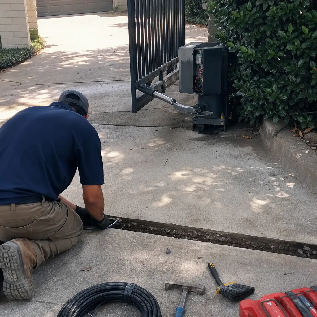 Technician installing gate access control system wiring in University Park, TX