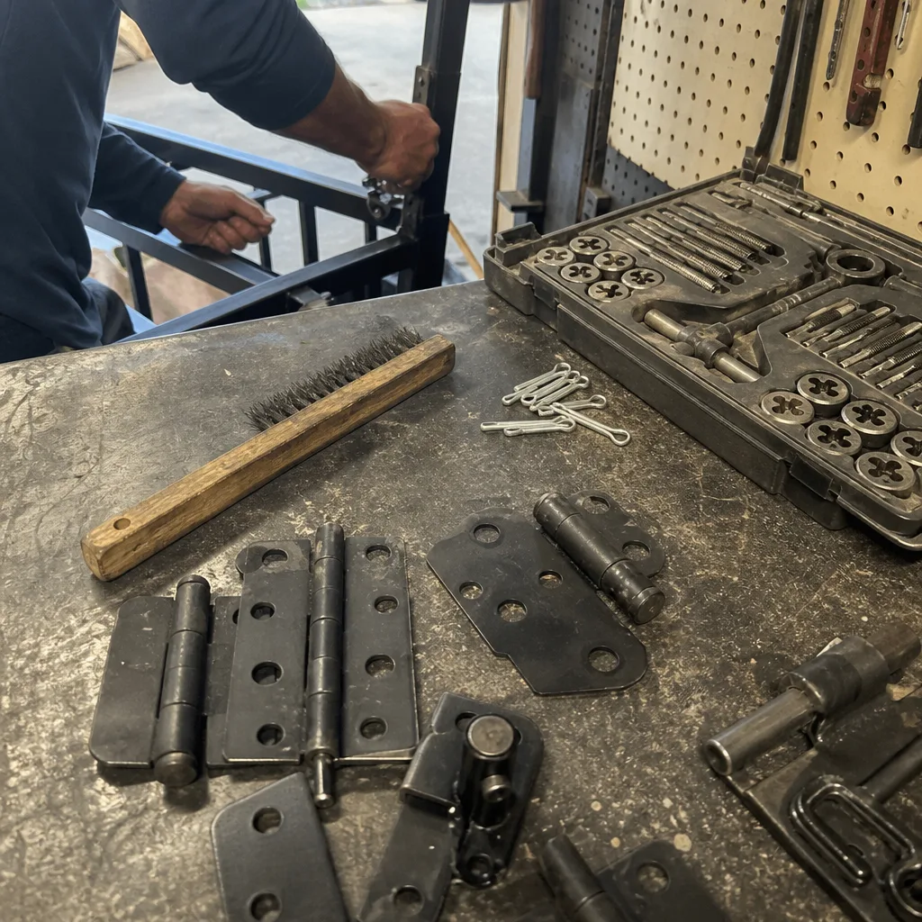 Metalworker performing gate repair and welding with hinges and tools nationwide