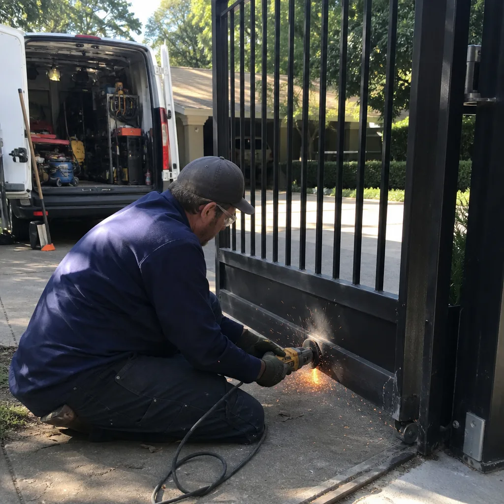 Technician using an angle grinder to repair a residential metal gate